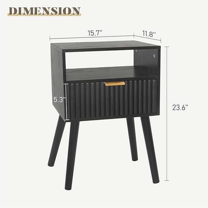 Black Nightstand, Modern Bedside Table with Fluted Drawers, Small Night Stand with Storage and Solid Wood Legs for Bedroom, Dorm and Small Space (Black)-NeatNest