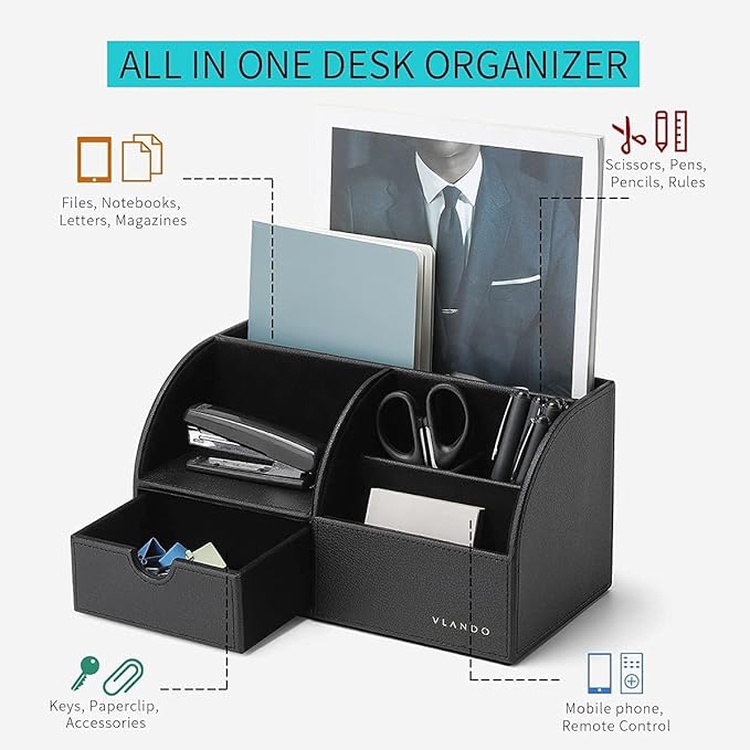 Vlando Office Supplies Desk Organizer Caddy, Desktop Hanging File Letter Document Storage Holder with Drawer Organizer Section for Office Home (Black)-NeatNest