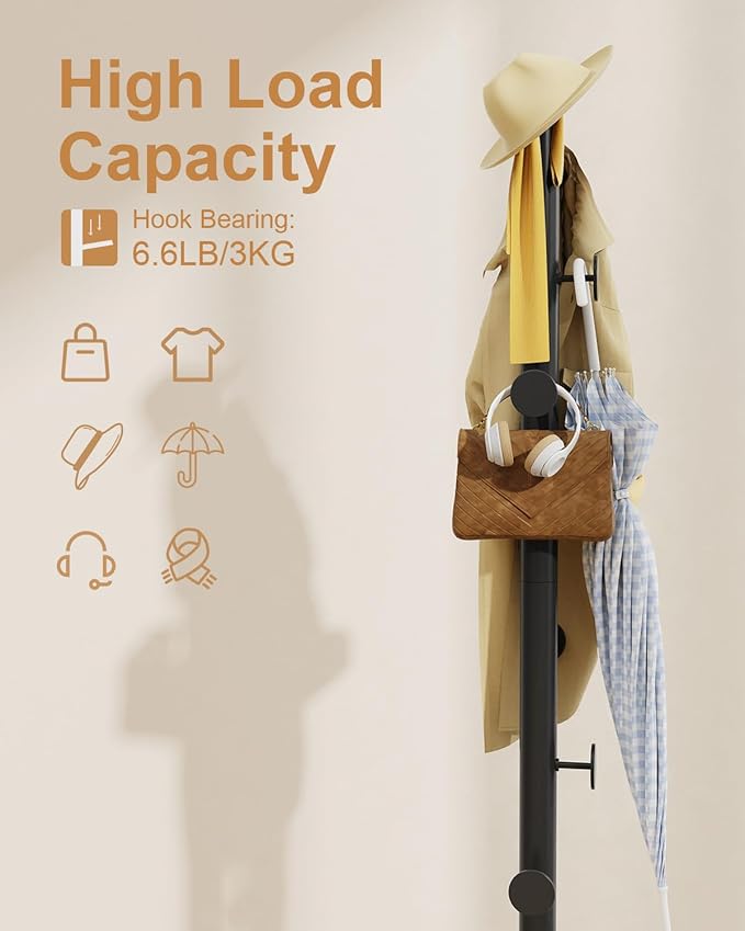 Coat Rack Freestanding, Small Standing Coat Tree with Heavy Rock Slab Base, Modern Metal Coat Hanger Stand with 8 Hooks, Garment Rack, 11.8 x 11.8 x 68.9 In, Black, GYJ002B-NeatNest