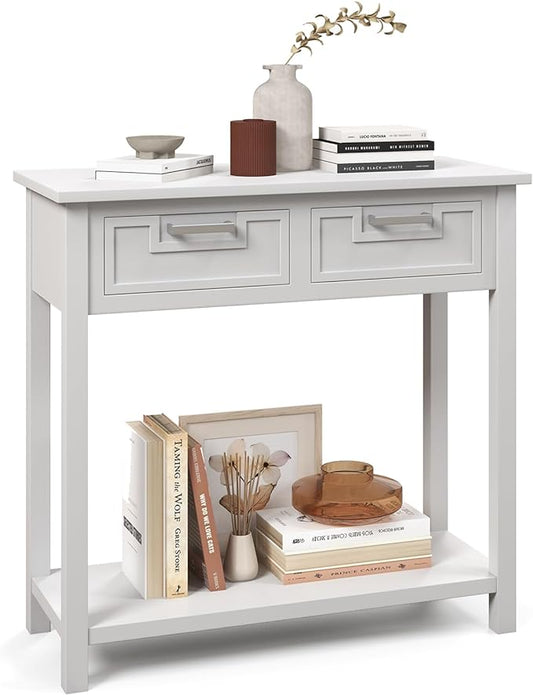 GOFLAME Small Console Table with 2 Drawers, 31” Entry Table with Storage Shelf, Modern, Narrow Sofa Table for Living Room, Hallway, Entrance (White)-NeatNest