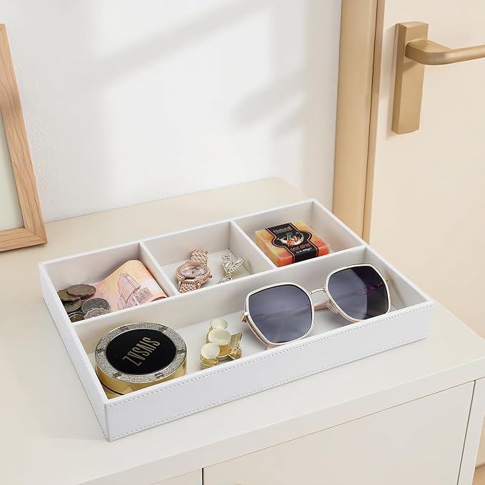 GORESE Faux Leather Valet Tray, Stackable Jewelry Trays for Dresser Table Drawer, Nightstand Organizer for Men Women, EDC Catch All Tray for Trinket, Key, Purse, Sunglass, Watch, Cologne, White-NeatNest