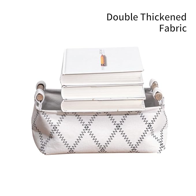 Decorative Collapsible Rectangular Fabric Storage Bin Organizer Basket with Wooden Handles for Clothes Storage, 11"×7.1"×3.9", White-NeatNest