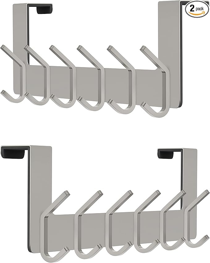 Brushed Nickel Over The Door Hooks, Heavy Duty Stainless Steel Door Hanger with 6 Double Hooks for Hanging Towels, Coats, Robes, Hats, Bags, No Drill Over Door Towel Rack for Bathroom, Bedroom, 2 Pack-NeatNest