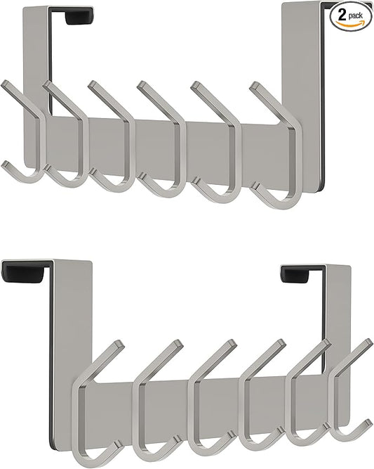 Brushed Nickel Over The Door Hooks, Heavy Duty Stainless Steel Door Hanger with 6 Double Hooks for Hanging Towels, Coats, Robes, Hats, Bags, No Drill Over Door Towel Rack for Bathroom, Bedroom, 2 Pack-NeatNest