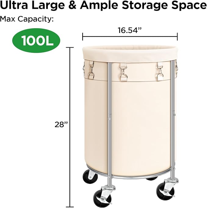 Laundry Hamper with Wheels, 100L Round Rolling Laundry Basket Sorter with Removable Bag, Clothes Cart Organizer with Steel Frame for Bedroom, Bathroom, Laundry Room, Beige