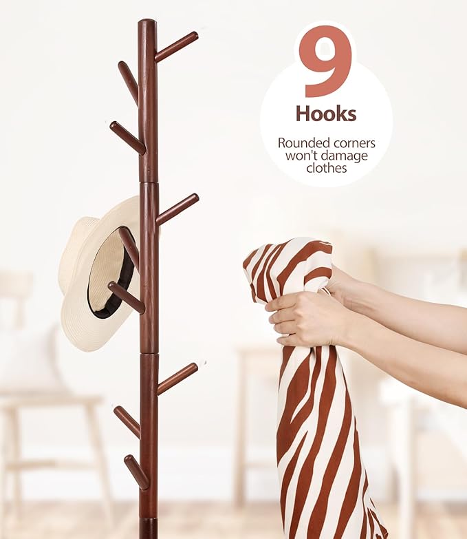 Beech Wood Coat Rack Stand with 9 Hooks, 3 Height Adjustable, simple Freestanding Solid Wooden Coat Tree Hanger for Clothes, Hats, Scarves, bags, Jackets, Bedroom, livingromm, Office(Brown)-NeatNest