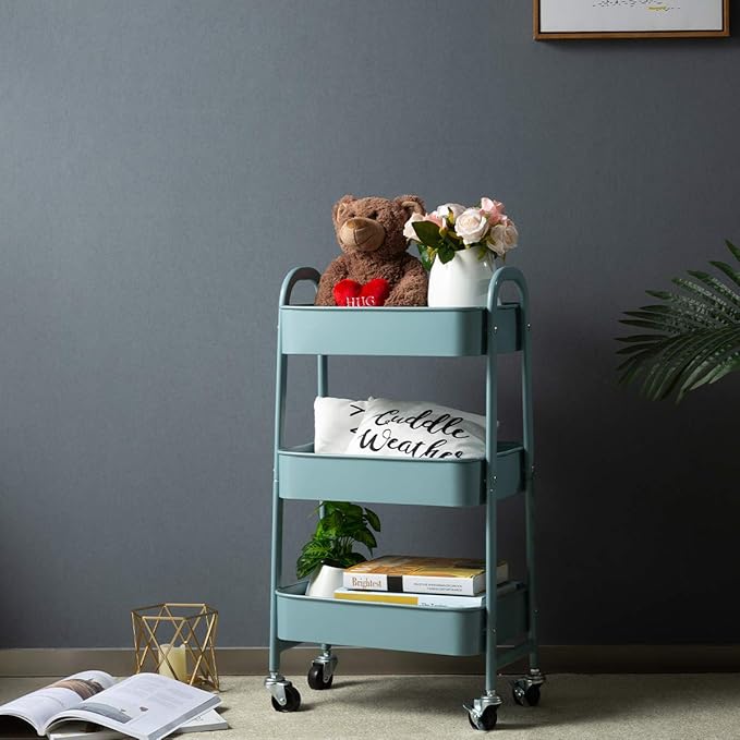 AGTEK Makeup Cart, Movable Rolling Organizer Cart, Grey-Blue 3 Tier Metal Utility Cart-NeatNest