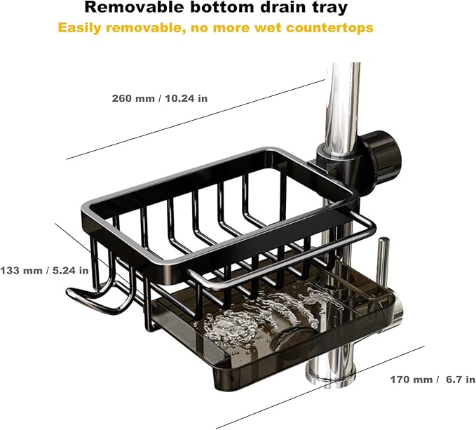 Sink Organizer Rack for Kitchen and Bathroom, 2024 New Stainless Steel Detachable Hanging Faucet Drain Rack with Drip Tray Faucet Sponge Holder for Bathroom, Scrubbers, Soap (Black, Left)