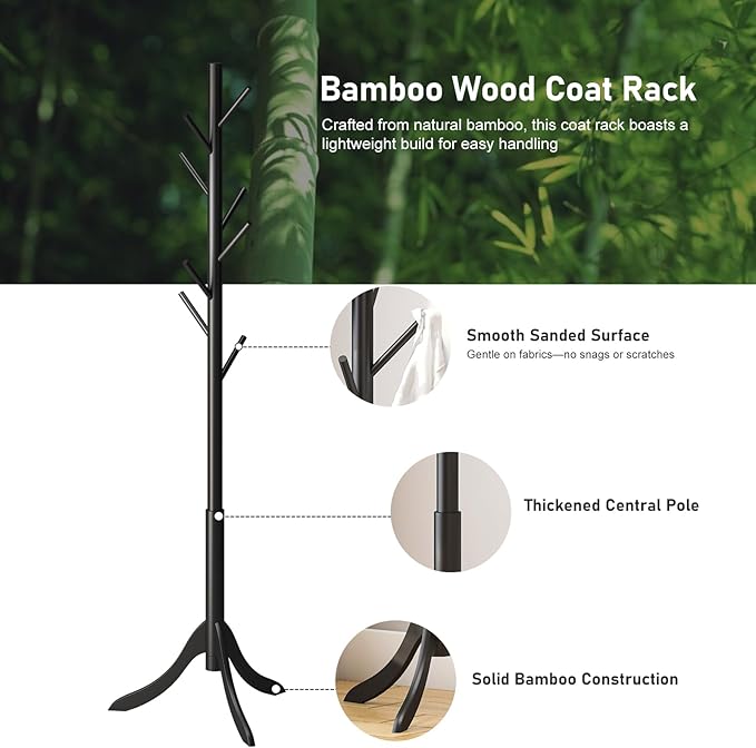 Black Coat Rack Stand, Bamboo Wood Freestanding Coat Tree with 8 Hooks, Hallway Entryway Hat Hanger Organizer Standing for Bedroom, Office, Clothes, Jackets, Bags, Umbrallas-NeatNest
