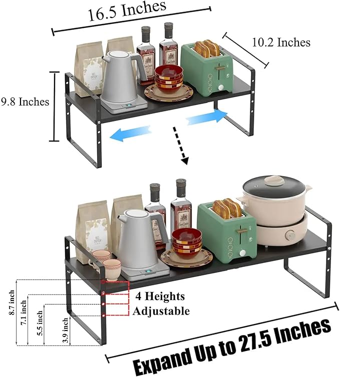 Expandable Kitchen Cabinet Shelf Organizers 3 Pack, Stackable Metal Pantry Storage Shelves Rack, Adjustable Counter Shelf for Cabinets, Countertop, Cupboard Organizers and Storage, Black-NeatNest
