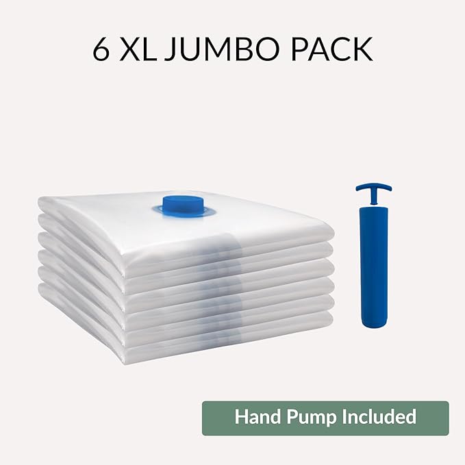 6 XL Jumbo Vacuum Storage Bags with Pump, Extra Large Compression Space Saver for Comforter, Duvet, Blanket, Bedding Storage, Vacuum Seal Bags for Clothing, Luggage Closet Organizer-NeatNest