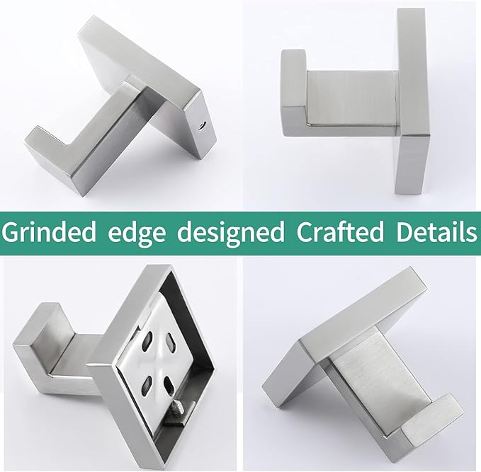4 Pack Towel Hooks Brushed Nickel Hand Towel Holder for Bathroom Wall Bedroom Kitchen Heavy Duty Stainless Steel Hook Hanger for Robe, Bath Towel, Coat Wall Mounted Hook (Square Base)