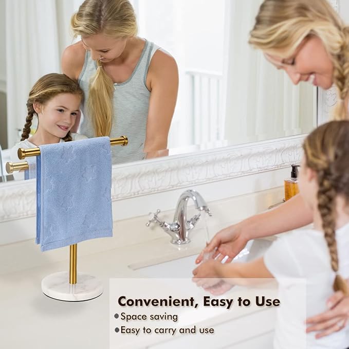 Gold Hand Towel Holder Stand Countertop, Sturdy Marble Base, Hand Towel Rack for Bathroom (Gold Brushed)