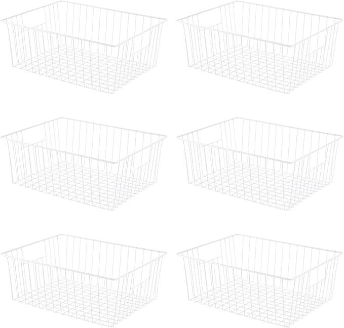 Freezer Organizer Bins, Upright Freezer Baskets for 16, 17, 21 cu.ft Standup Freezer, Wire Storage Baskets with Built-in Handles, 6Pcs, White