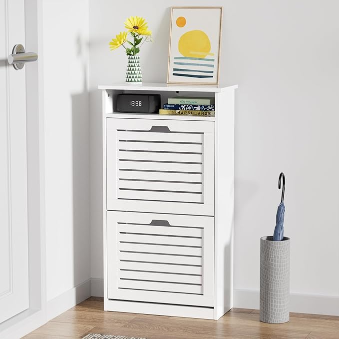 Shoe Storage Cabinet with 2 Flip Drawers & Top Cubby, Shoe Cabinet for Entryway Slim, Free Standing Shoe Rack Cabinet, Narrow Shoe Organizer for Entryway, Hallway, White-NeatNest