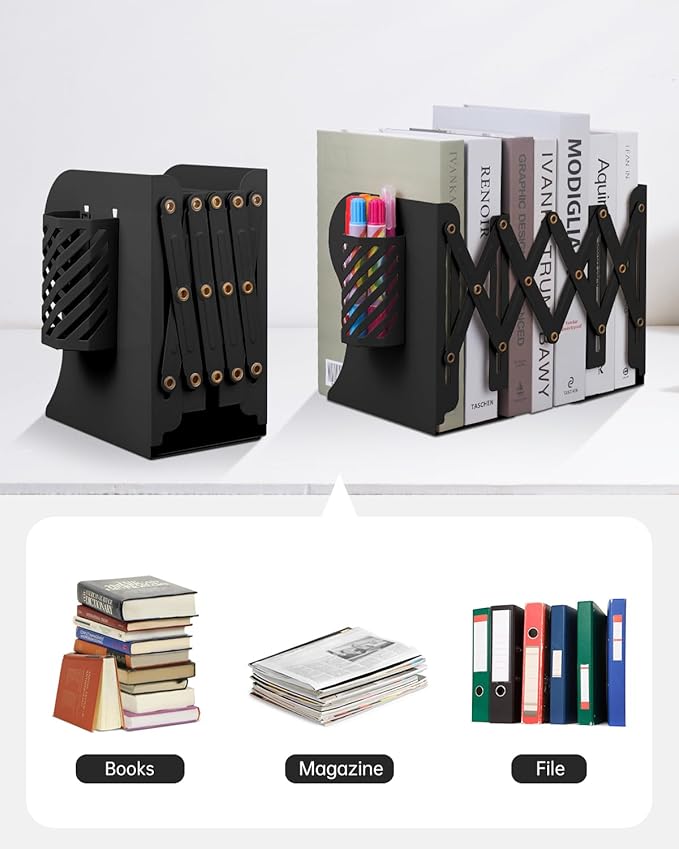 Honagu Adjustable Bookends, Metal Book Ends for Shelves Heavy Book, Desk Magazine File Organizer for Home, Office, Books, Papers, Extends up to 19 inches with Pen Holder (Black)