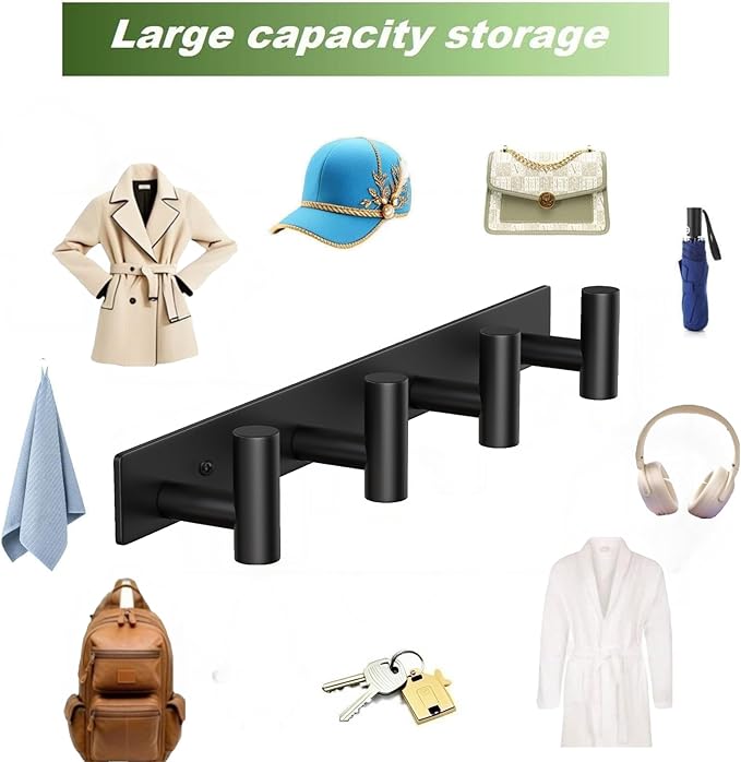 Wall Mounted Coat Rack-4 Hooks, Heavy Duty Stainless Steel Hook Rail for Towel Coat Hat Purse Bag Jacket, Towel Hooks for Entryway Bathroom Kitchen (Black 4 Hooks - 1 Pack)-NeatNest
