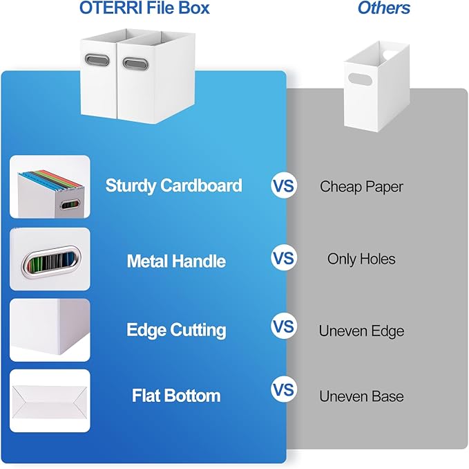 Oterri File Organizer, 6 Packs Small Storage Box, Cardboard File Folder Organizer, Collapsible File Box for Hanging File Folders Letter Size, Portable Filing Organizer with Handle（White）