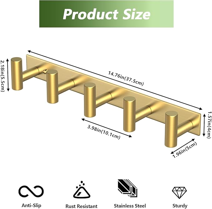 Wall Mounted Coat Rack-5 Hooks, Heavy Duty Stainless Steel Hook Rail for Towel Coat Hat Purse Bag Jacket, Towel Hooks for Entryway Bathroom Kitchen (Gold 5 Hooks - 1 Pack)-NeatNest