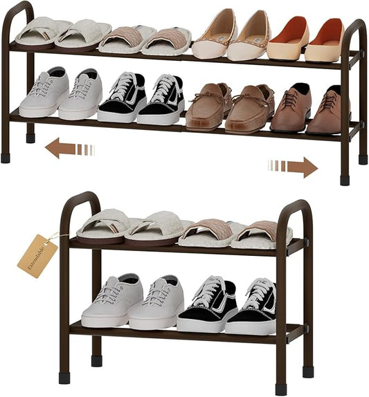 Expandable Shoe Rack, Adjustable Shoes Organizer Metal, Space-Saving Storage Shelf for Closet, Entryway, Front Door & Hallway,Sturdy and Easy Assembly (Brown, 2-Tier)