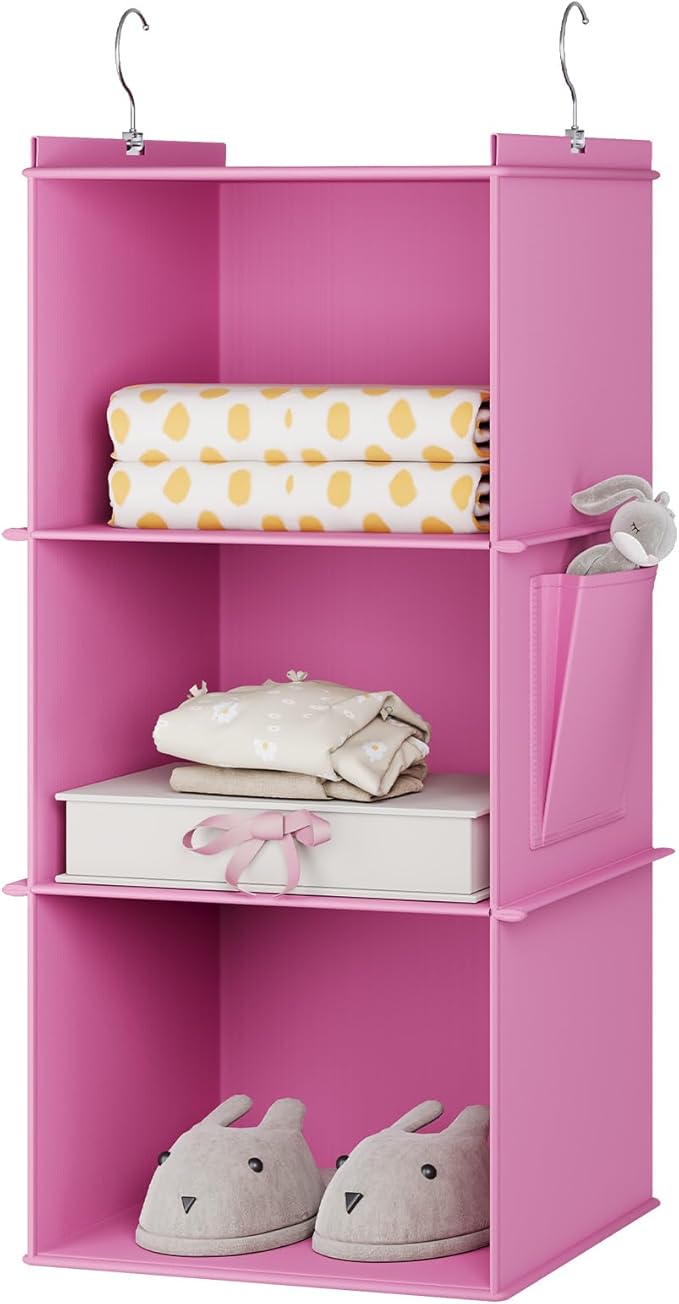 Hanging Closet Organizer, 3-Shelf Closet Hanging Storage Shelves, Light Pink-NeatNest