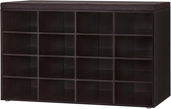 DINZI LVJ Shoe Storage Bench with Cushion, 16-Cubby Shoe Rack, Adjustable Shelves, Multifunctional Shoe Organizer Bench for Entryway, Mudroom, Hallway, Living Room, Bedroom and Garage, Espresso-NeatNest
