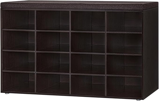 DINZI LVJ Shoe Storage Bench with Cushion, 16-Cubby Shoe Rack, Adjustable Shelves, Multifunctional Shoe Organizer Bench for Entryway, Mudroom, Hallway, Living Room, Bedroom and Garage, Espresso-NeatNest