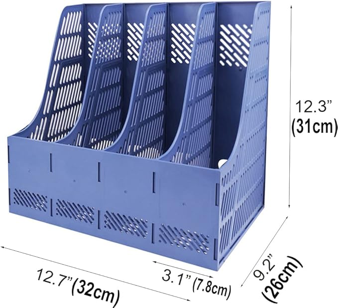 SAYEEC Sturdy Magazine Organizer Folder Desktop 4 Compartment File Holders Plastic Frames File Dividers Document Cabinet Rack Storage Box for Office Home School Blue