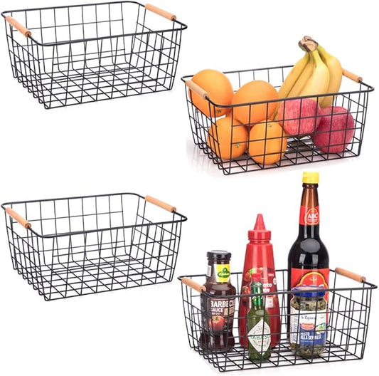 Metal Wire Food Storage Basket Organizer with Wooden Handles for Organizing Kitchen Cabinets, 4 Packs-Black-NeatNest