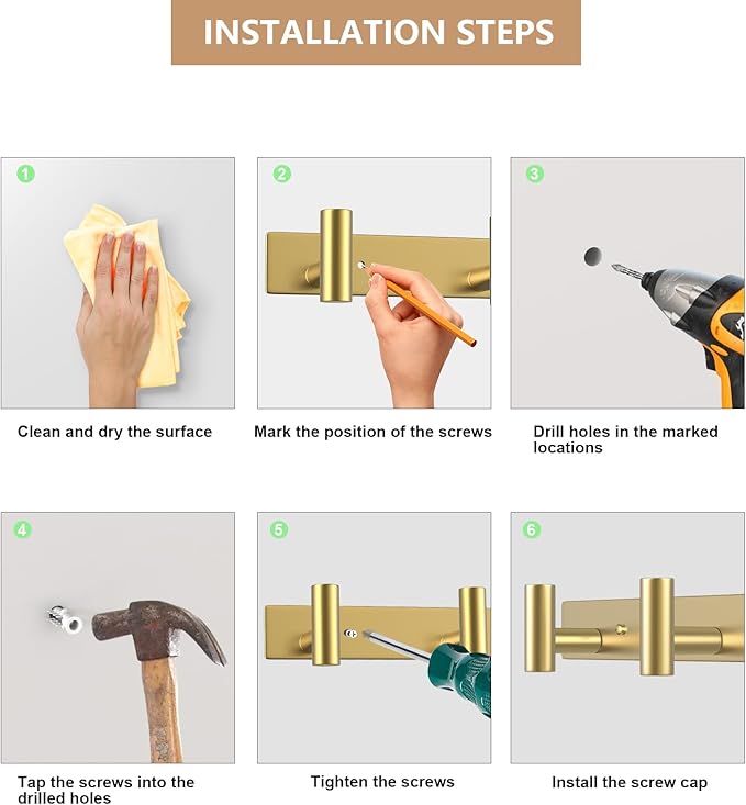 Wall Mounted Coat Rack-5 Hooks, Heavy Duty Stainless Steel Hook Rail for Towel Coat Hat Purse Bag Jacket, Towel Hooks for Entryway Bathroom Kitchen (Gold 5 Hooks - 1 Pack)-NeatNest