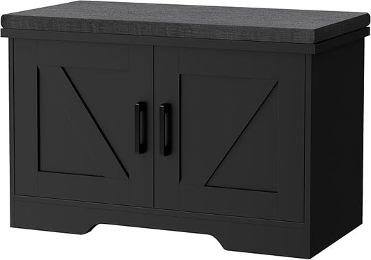2-Tier Storage Bench, Shoe Bench with Padded Seat Cushion, Entryway Bench with 2 Barn Doors, Adjustable Shelf, 13.8" D x 27.6" W x 17.7" H, for Entryway, Living Room, Bedroom, Black-NeatNest