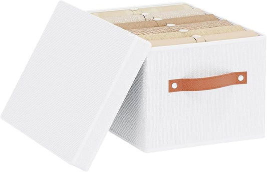 Fabric Storage Bins, 7.1 x 9.1 x 13 Inch Clothes Boxes for Shelves with Lids, Baskets for Organizing with Handles, Decorative Linen Closet Organizers, White, 1 Pack-NeatNest