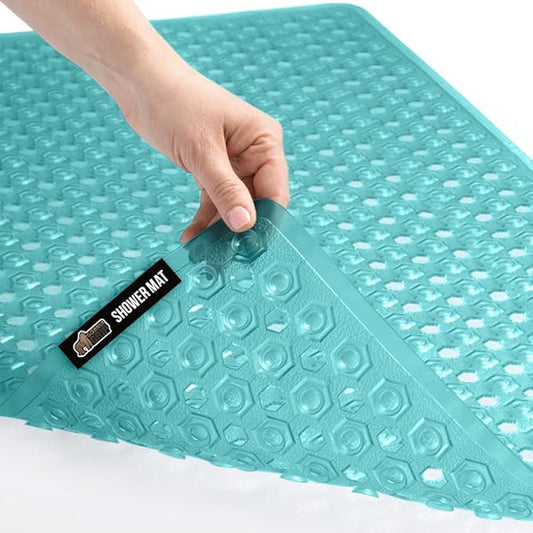 GORILLA GRIP Patented Bath Tub Shower Mat, Machine Washable Bathtub Floor Liner Mats, Suction Cups and Drain Holes to Keep Tubs Clean, Soft on Feet, Bathroom Essentials, 35x16 Inch, Clear Turquoise-NeatNest