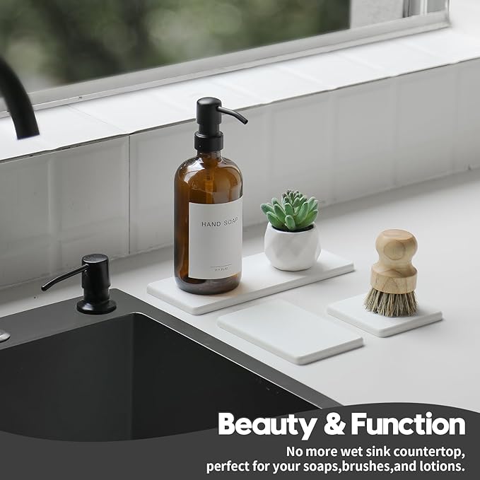 3PCS Bathroom Sink Vanity Trays, Quick Stone Drying Mat Dish Soap Dispenser Sponge Holder for Kitchen Counter, Diatomaceous Earth Water Absorbing Caddy Organizer, White-NeatNest