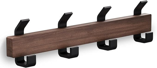 Coat Rack Wall Mount，Solid Walnut Coat Hooks Wall Mount with 4 Large Double Wall Hooks for Hanging Coats，Backpacks，Towels，etc. Wall Mounted Coat Rack for Entryway, Bathroom,etc, Walnut+black-NeatNest