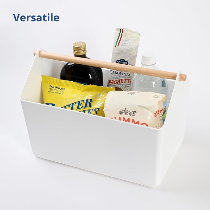 BLUE GINKGO Large Storage Basket – Plastic Caddy with Wooden Handle for Bathroom, Pantry, or Cleaning Supplies (White)-NeatNest