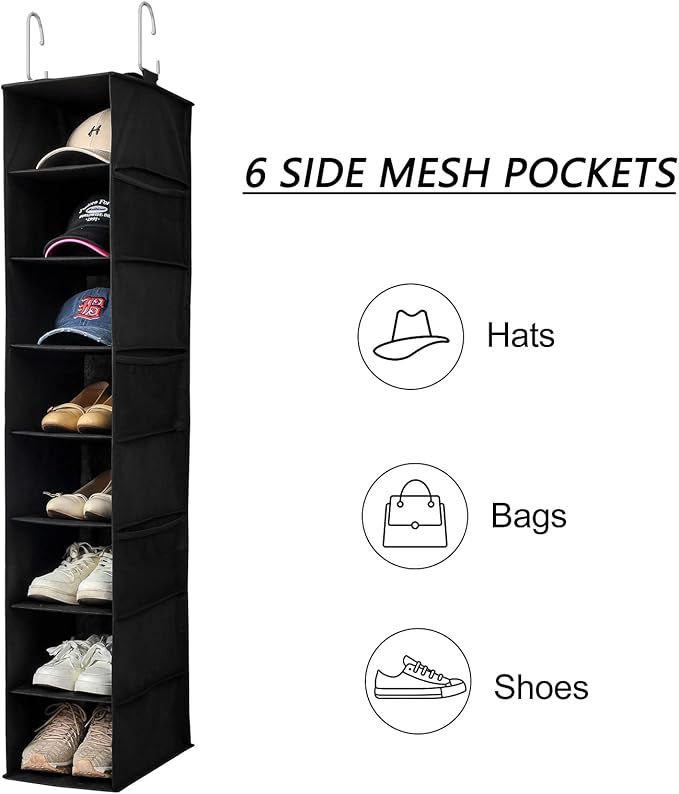 Hanging Shoe Organizer for Closet with Side Mesh Pockets，Hat Racks for Baseball Caps，Shoe and Hat Holder & Storage，8-Shelf，Black，2 Pack-NeatNest