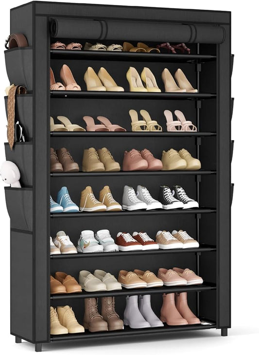 Shoe Rack with Cover, 8 Tier Tall Shoe Organizer Storage for 36-45 Pair Shoes and Boots Large Shoe Storage Shelf Free Standing Shoe Rack for Closet, Front Door Entrance, Dorm, Garage-NeatNest