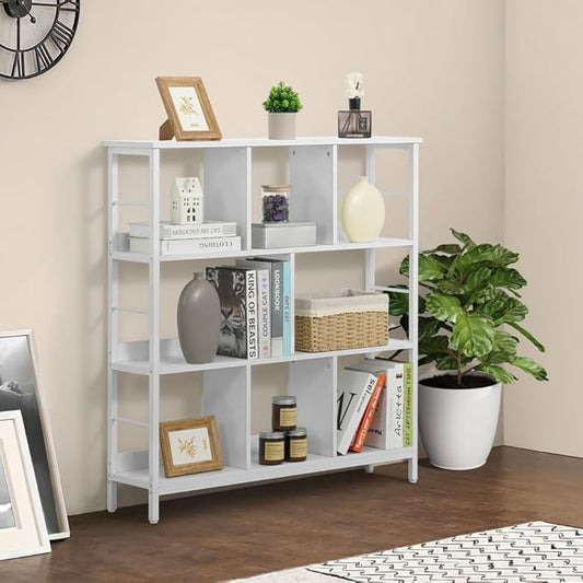 CAPHAUS 8 Cube Storage Organizer, 40” Wide 3 Tier White Industrial Open Shelf Bookcase, Display Shelf, Horizontal Bookshelf with Metal Frame, Wooden Board, for Living Room, Bedroom, Office-NeatNest