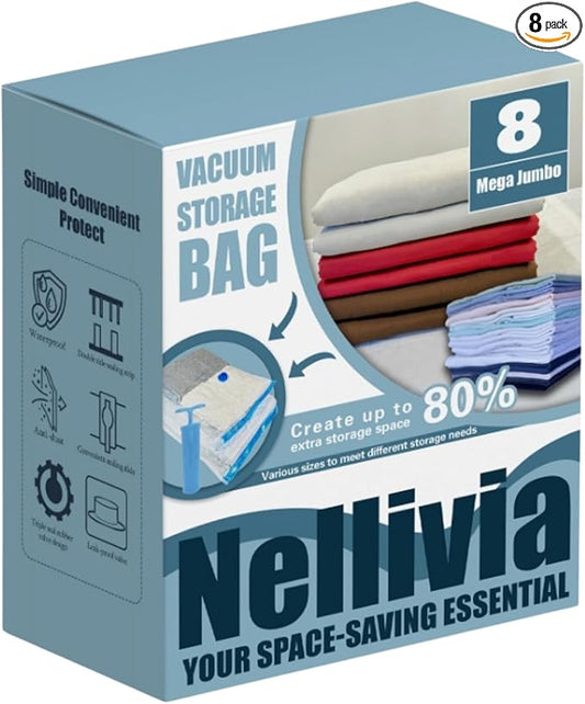 8 Mega Jumbo XXL Vacuum Storage Bags with Pump, Supersized Compression Space Saver for Comforter, duvet, Bedding, Blanket storage, Vacuum Seal Bags for Clothing, Durable Safe Poly Material-NeatNest
