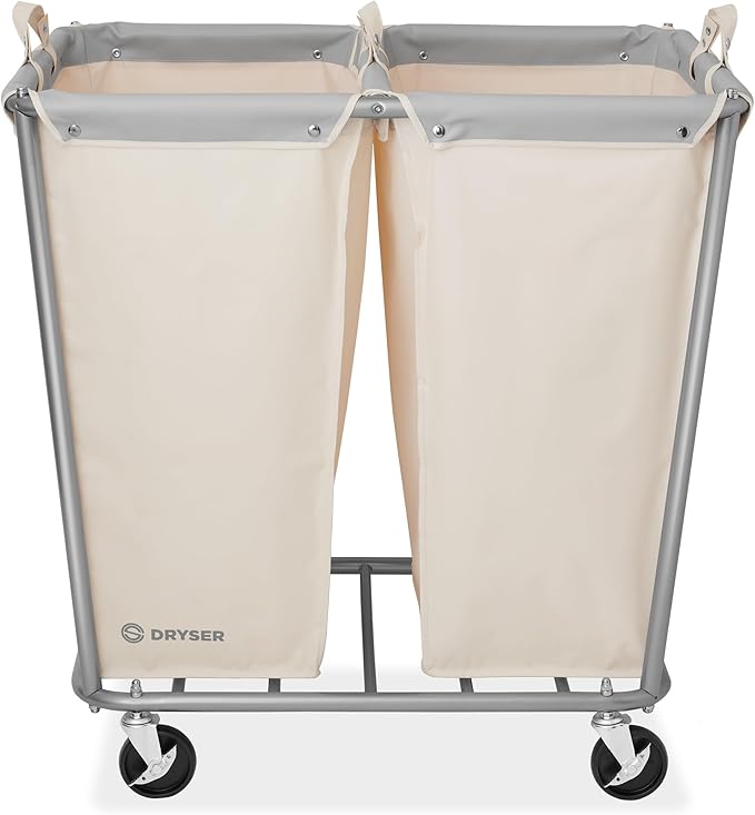 Dryser Divided Commercial Heavy-Duty Rolling Laundry Hamper, Steel Frame Cart on Wheels with 2 Section Removable Canvas Bins for Hotel or Home - White