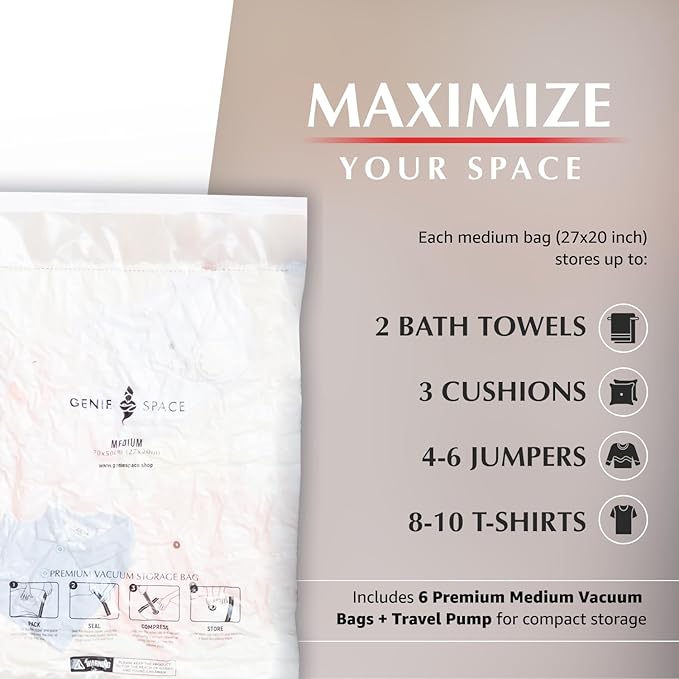 GENIE SPACE Medium Vacuum Storage Bags - Pack of 6, 27x20in | Strong Space Saving Bags | Premium Airtight & Reusable Vacuum Bag for Clothes, Towels, Childrenswear & More | inc Travel Pump-NeatNest