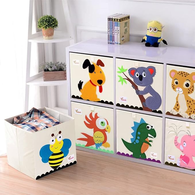 2 Pcs Foldable Animal Toy Storage Box/Bin/Cube, Collapsible Storage Organizer Chest Basket Container for Boys and Girls(13 x 13 x 13 Inch, Dinosaur & Pink Elephant)-NeatNest