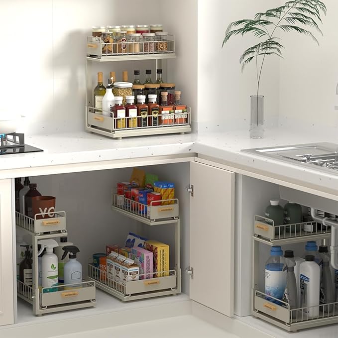 Under Sink Organizer, Pull Out Kitchen Cabinet Organizer 2 Tier Slide Out Under Sink Organizers and Storage, Sink Shelf Cabinet Storage Shelves for Kitchen Bathroom Pantry, Grey-NeatNest