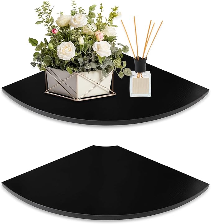 JJL Corner Shelf Wall Mounted, 12-Inch Sector Wood Floating Corner Shelves with Wire Hole, Set of 2 Circular arc Corner Shelf for Bedroom Corner Decoration, Black-NeatNest