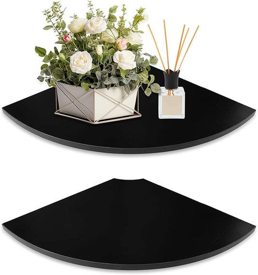 JJL Corner Shelf Wall Mounted, 12-Inch Sector Wood Floating Corner Shelves with Wire Hole, Set of 2 Circular arc Corner Shelf for Bedroom Corner Decoration, Black-NeatNest