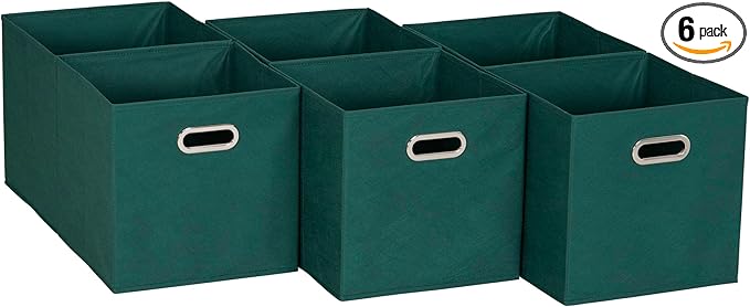 Household Essentials Fabric Storage Cube Bins, 6 Piece Set, Strong Poly-Woven Fabric, Chipboard Sides, Grommet Front Handle, Stackable and Foldable, Classic Design, Green
