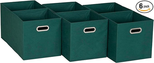 Household Essentials Fabric Storage Cube Bins, 6 Piece Set, Strong Poly-Woven Fabric, Chipboard Sides, Grommet Front Handle, Stackable and Foldable, Classic Design, Green