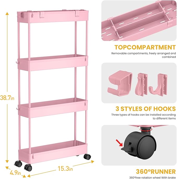 SPACELEAD Slim Storage Cart 4 Tier,Bathroom Organizer Rolling Utility,Mobile Shelving Unit Slide Out for Office, Kitchen, Laundry Room & Narrow Places,Pink-NeatNest