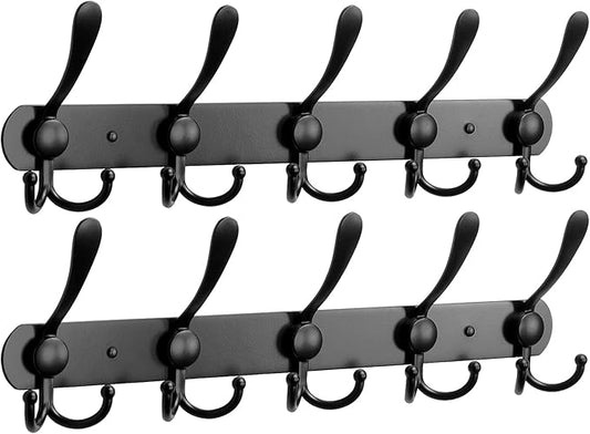 NearMoon Coat Rack Wall Mounted-2 Pack, Heavy Duty Bath Towel Hooks Stainless Steel Robe Hooks Holder, Metal Coat Hook for Towel Coat Hat Key Bathroom Bedroom Hotel Entryway (5 Hooks, Matte Black)
